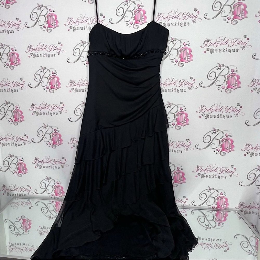 City triangles dress gown tiered ruffle frilly detail beaded black milkmaid tank
